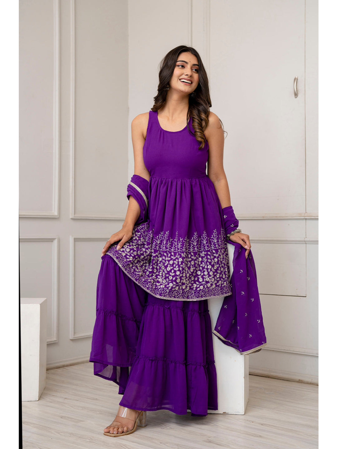 Purple Embroidered Kurti And Sharara Set With Dupatta