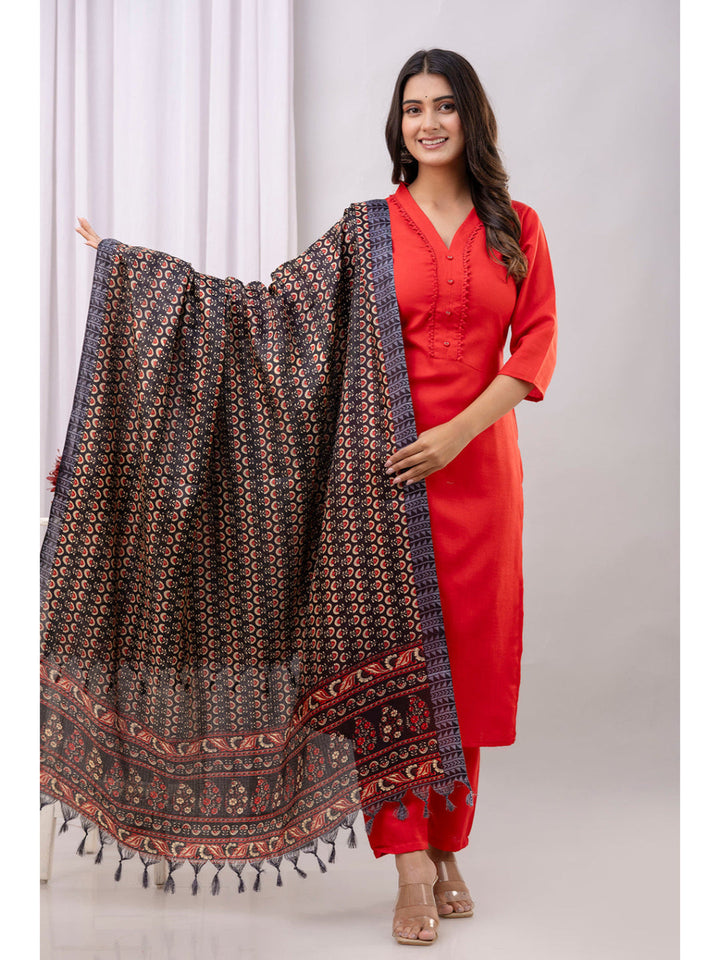 Red Straight Kurta Set With Printed Dupatta