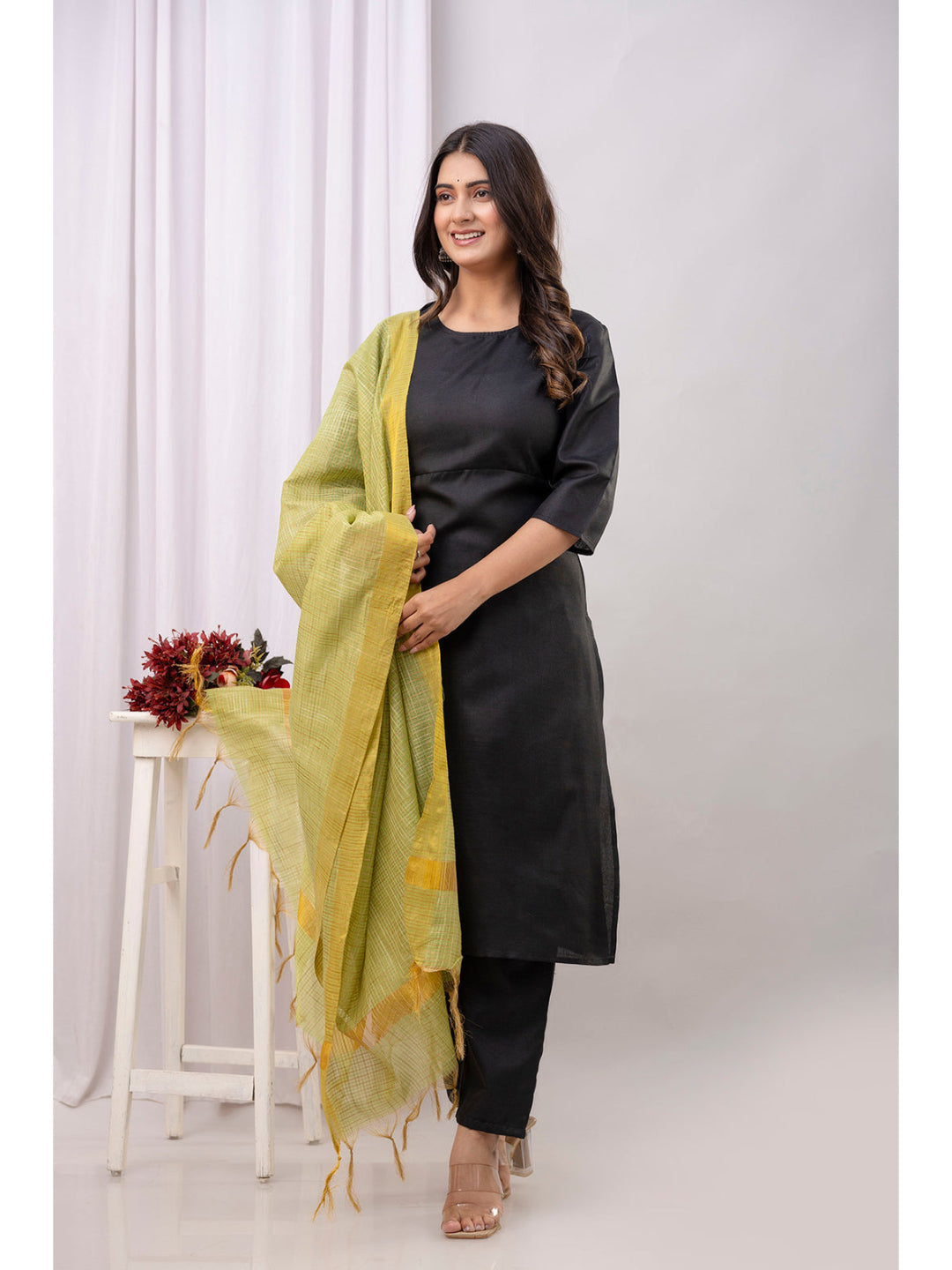 Black Straight Kurta Set With Printed Dupatta