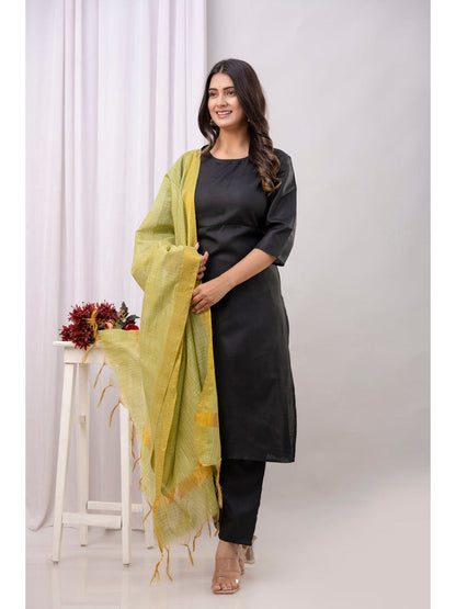 Black Straight Kurta Set With Printed Dupatta