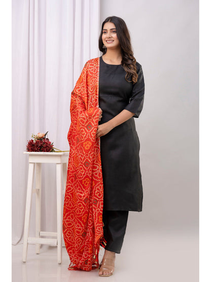Black Straight Kurta Set With Printed Dupatta