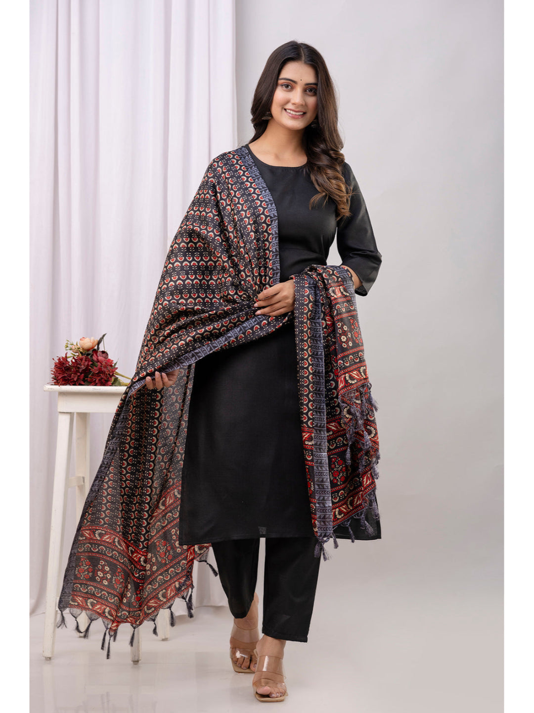 Black Straight Kurta Set With Printed Dupatta