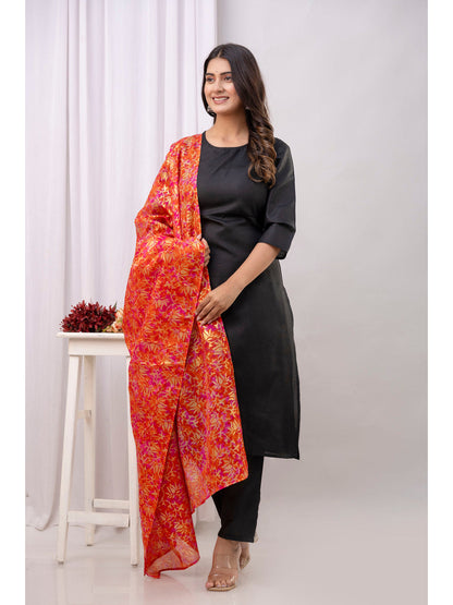 Black Straight Kurta Set With Printed Dupatta