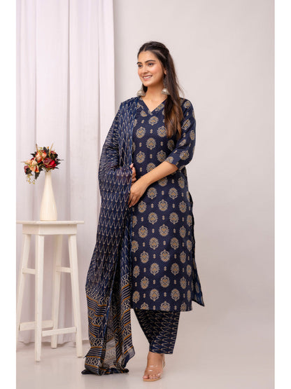 Navy Blue Printed Straight Kurta Set With Dupatta