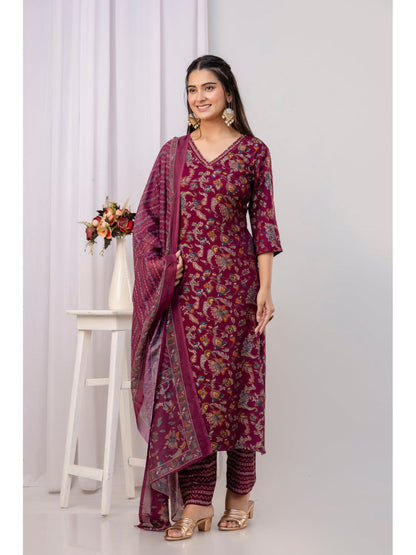 Burgundy Straight Kurta Set With Printed Dupatta
