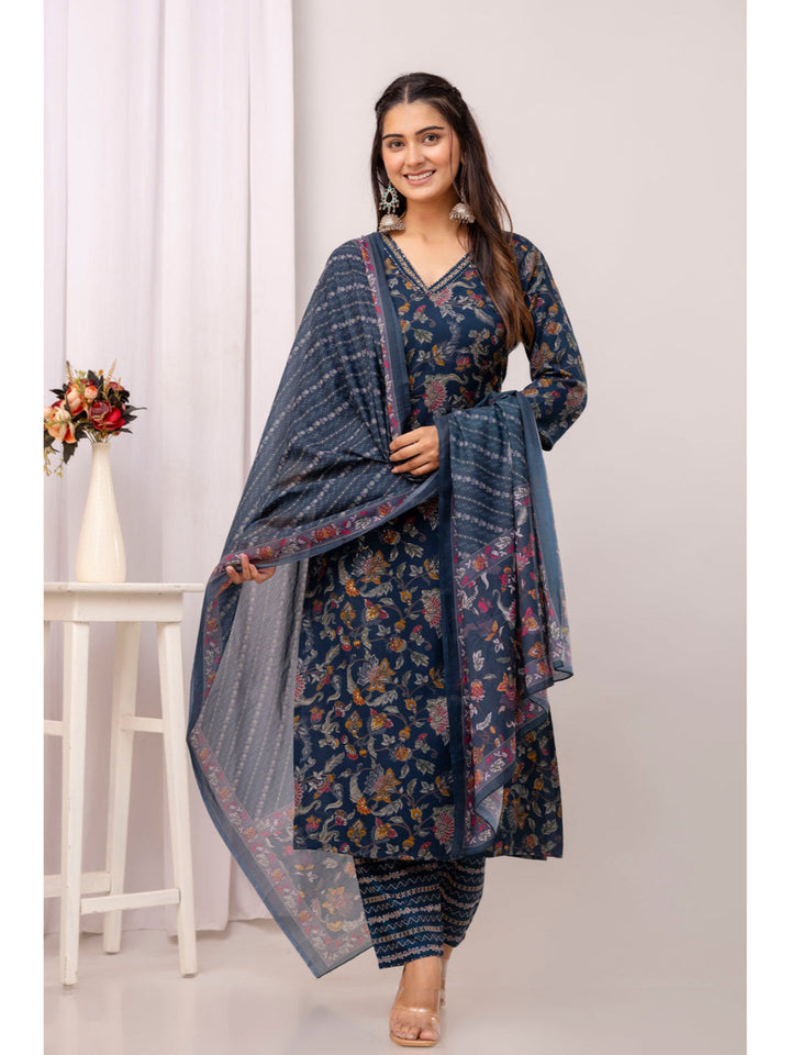 Teal Blue Straight Kurta Set With Printed Dupatta