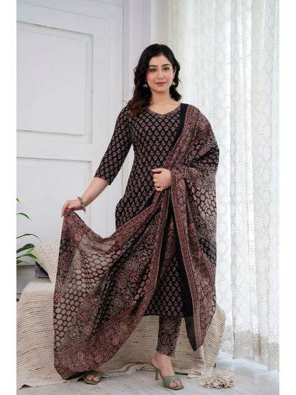 Black Printed Straight Kurta And Trouser With Dupatta