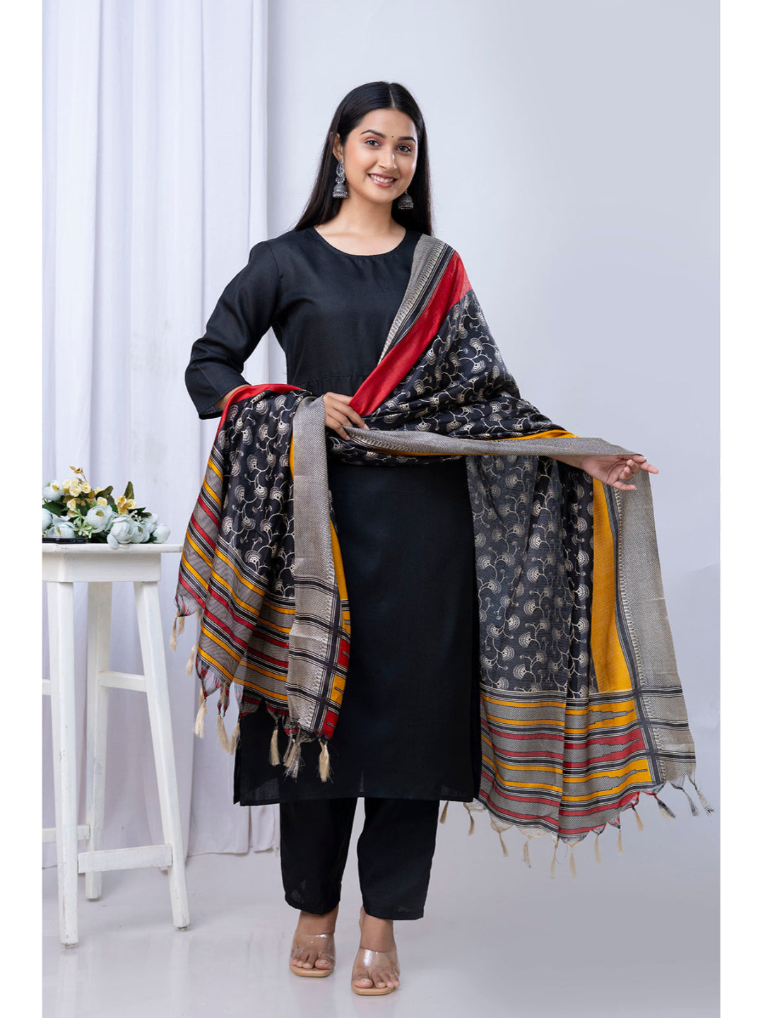 Black Straight Kurta Set With Printed Dupatta