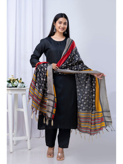 Black Straight Kurta Set With Printed Dupatta