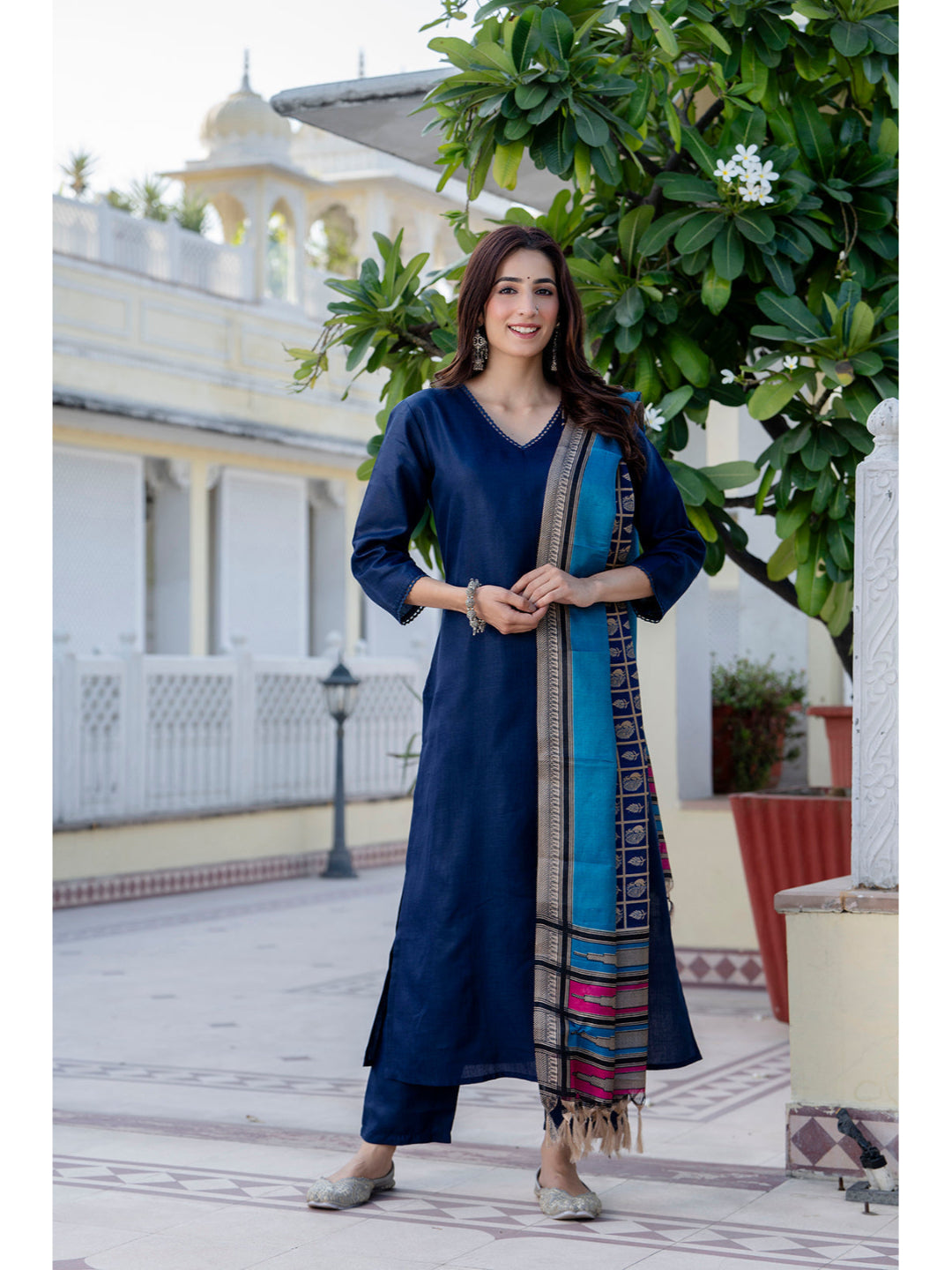 Navy Blue Straight Kurta Set With Printed Dupatta