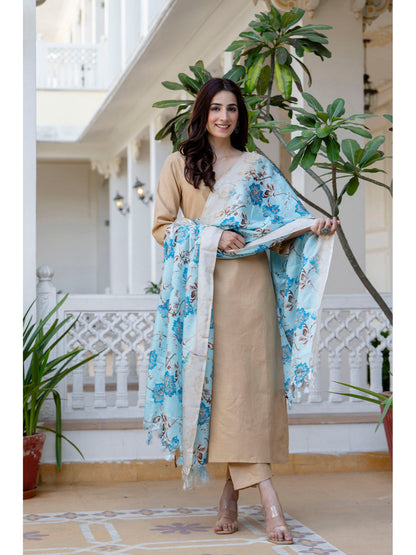 Beige Straight Kurta Set With Printed Dupatta