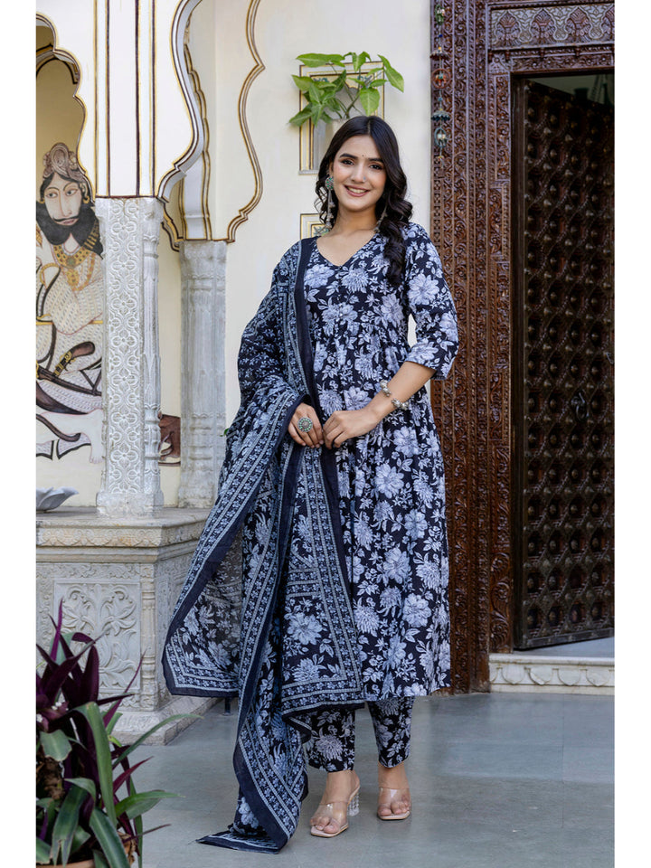 Black Floral Printed Anarkali Kurta And Trouser With Dupatta