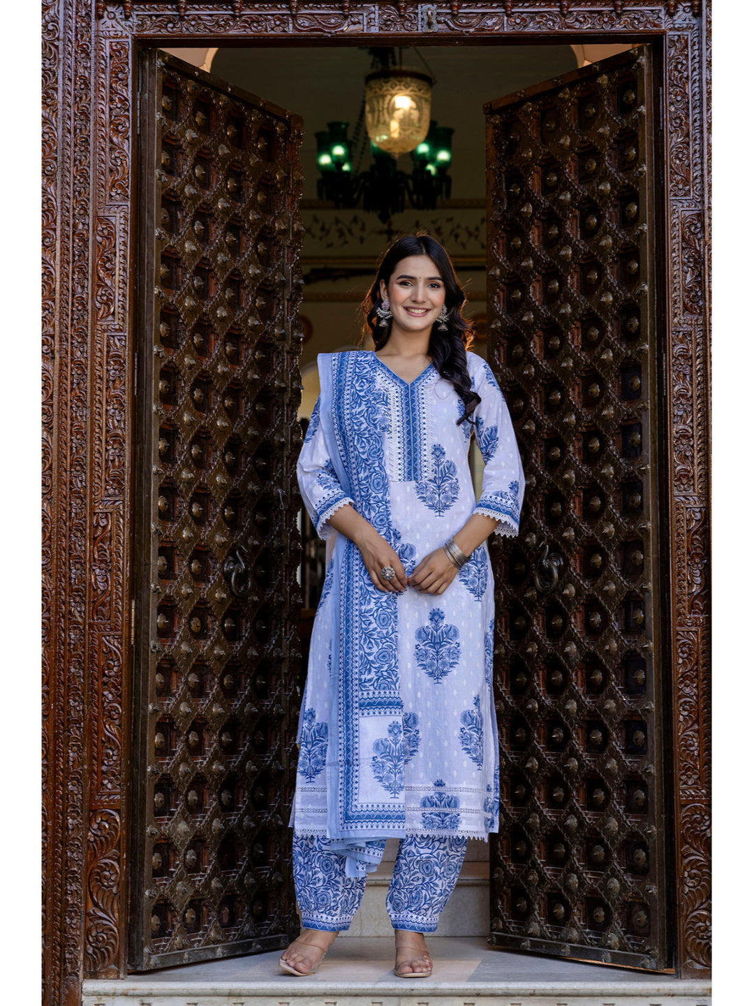 White Printed Straight Kurta Set With Dupatta for Women