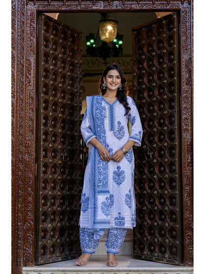 White Printed Straight Kurta Set With Dupatta for Women
