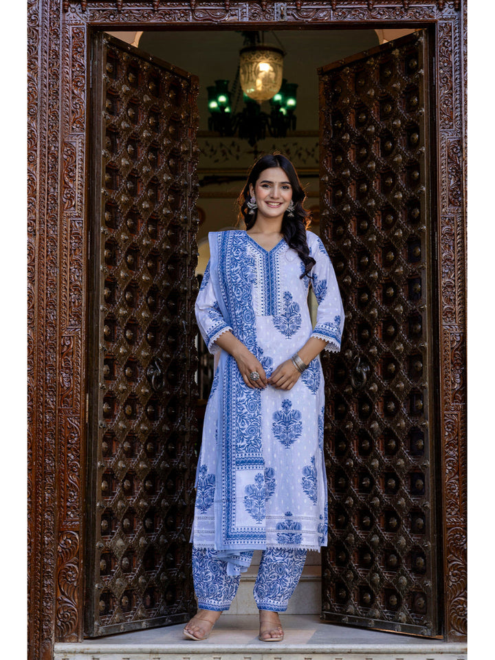 White Printed Straight Kurta Set With Dupatta for Women