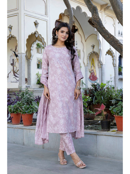 Mauve Printed Straight Kurta Set With Dupatta for Women