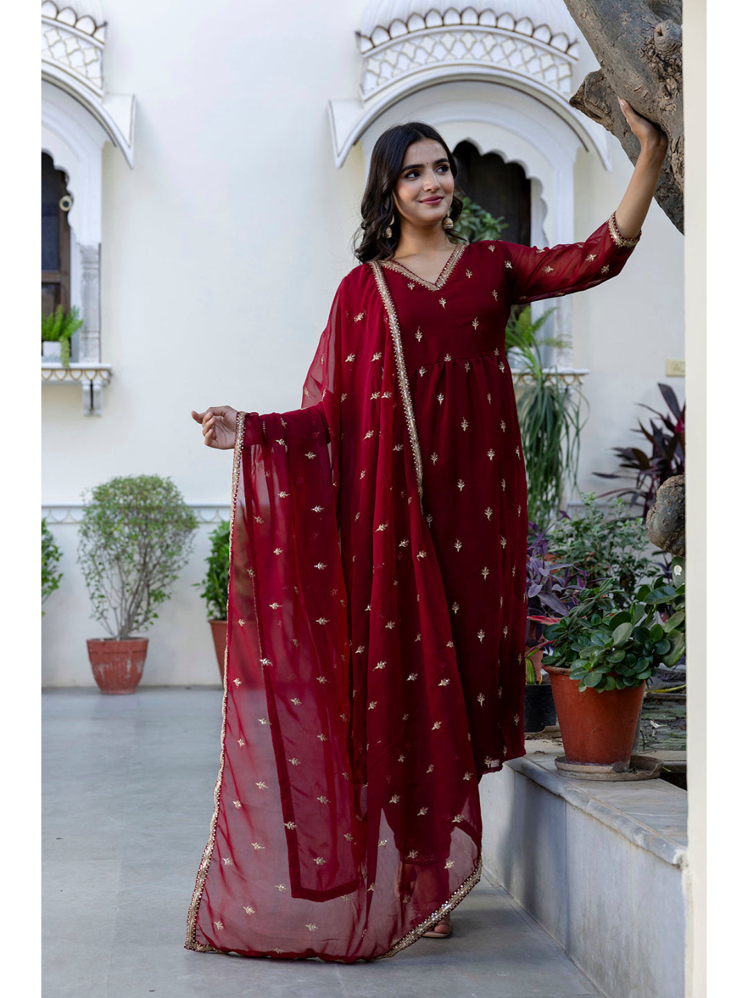 Maroon Embroidered Georgette Kurta Set With Dupatta for Women