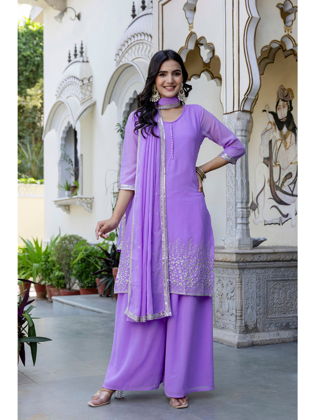 Lavender Embroidered Georgette Kurta &amp; Wide Leg Palazzo With Dupatta for Women