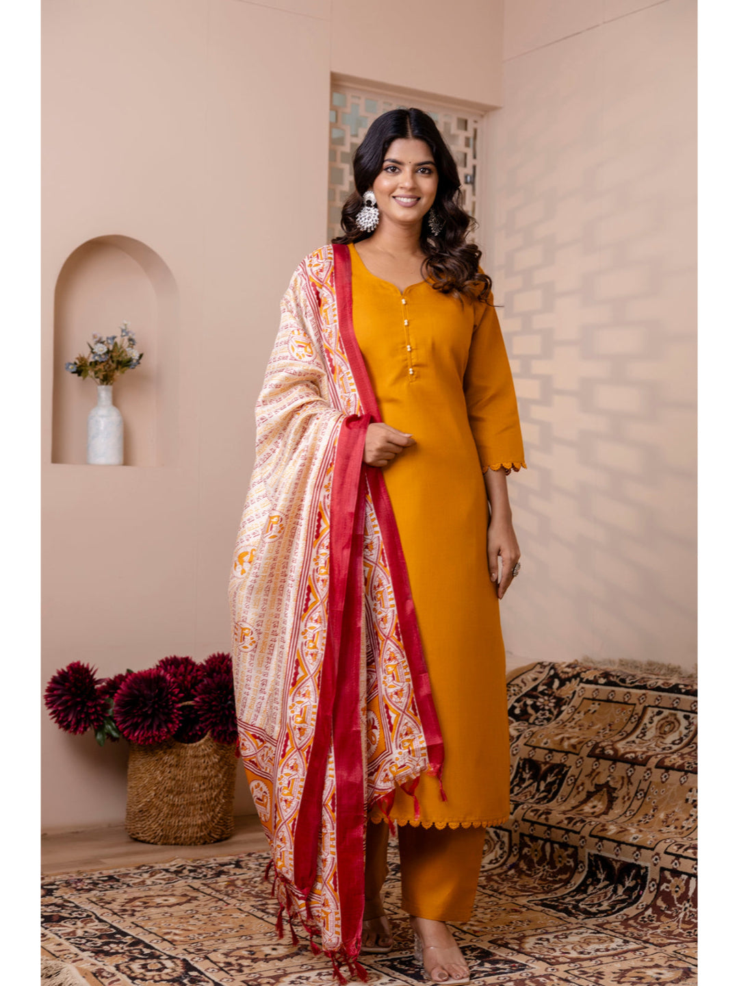 Mustard Straight Kurta Set With Printed Dupatta for Women