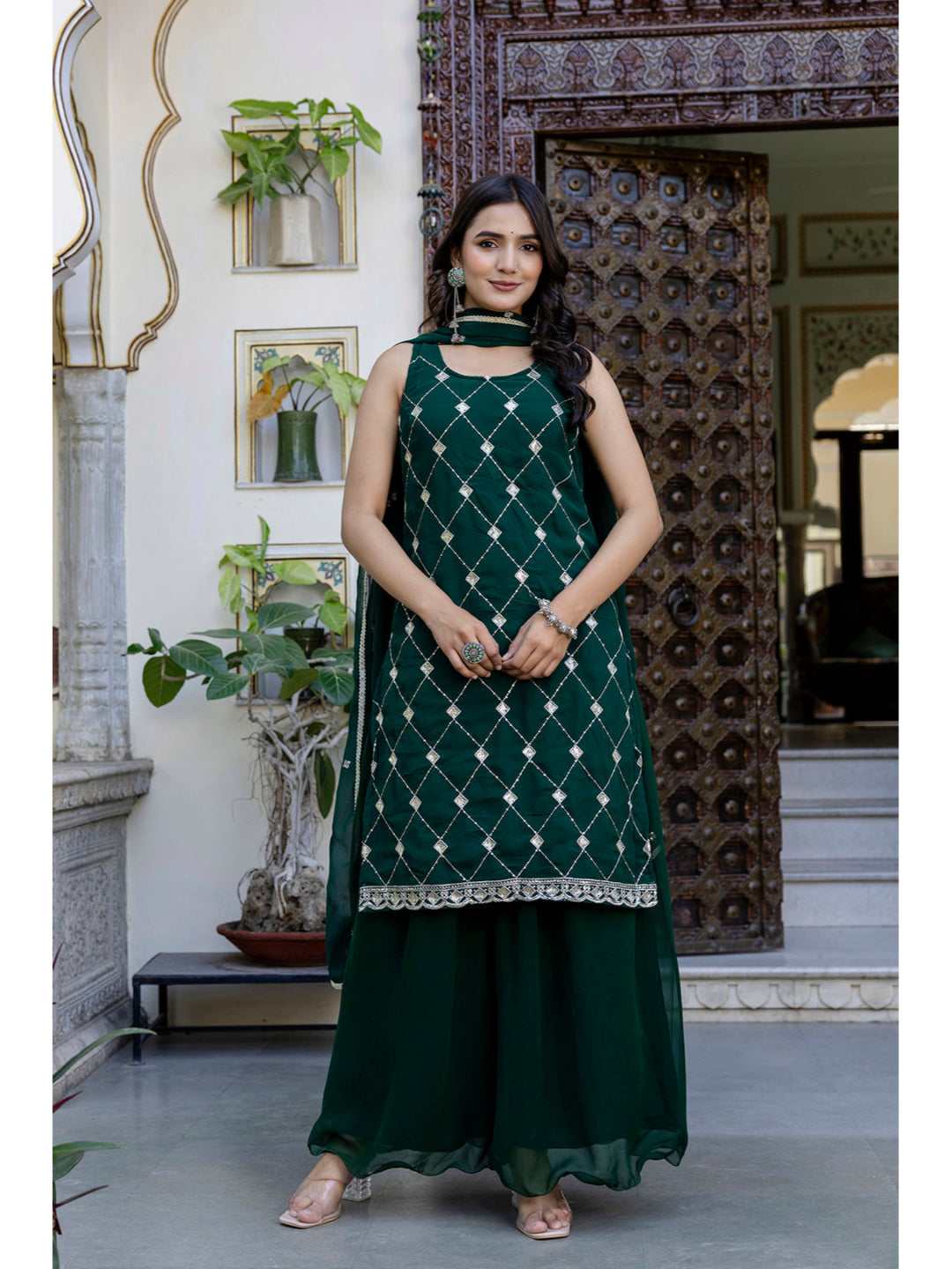 Green Embroidered Kurta With Wide Leg Palazzo and Dupatta