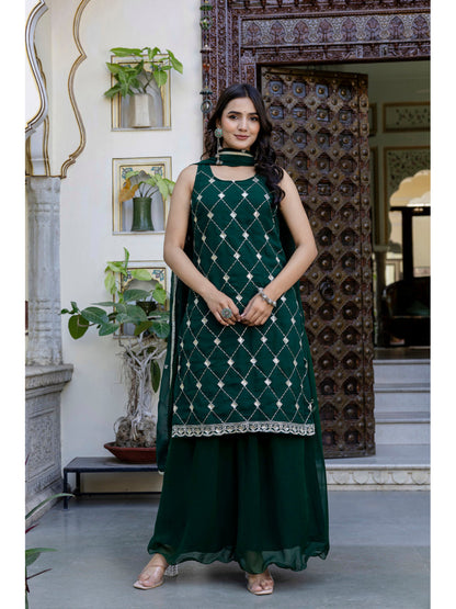 Green Embroidered Kurta With Wide Leg Palazzo and Dupatta