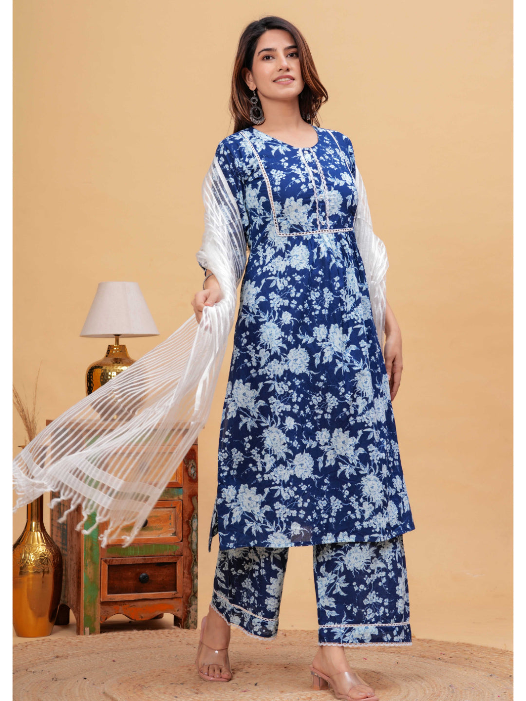 Indigo Blue Straight Kurta &amp; Palazzo With Dupatta