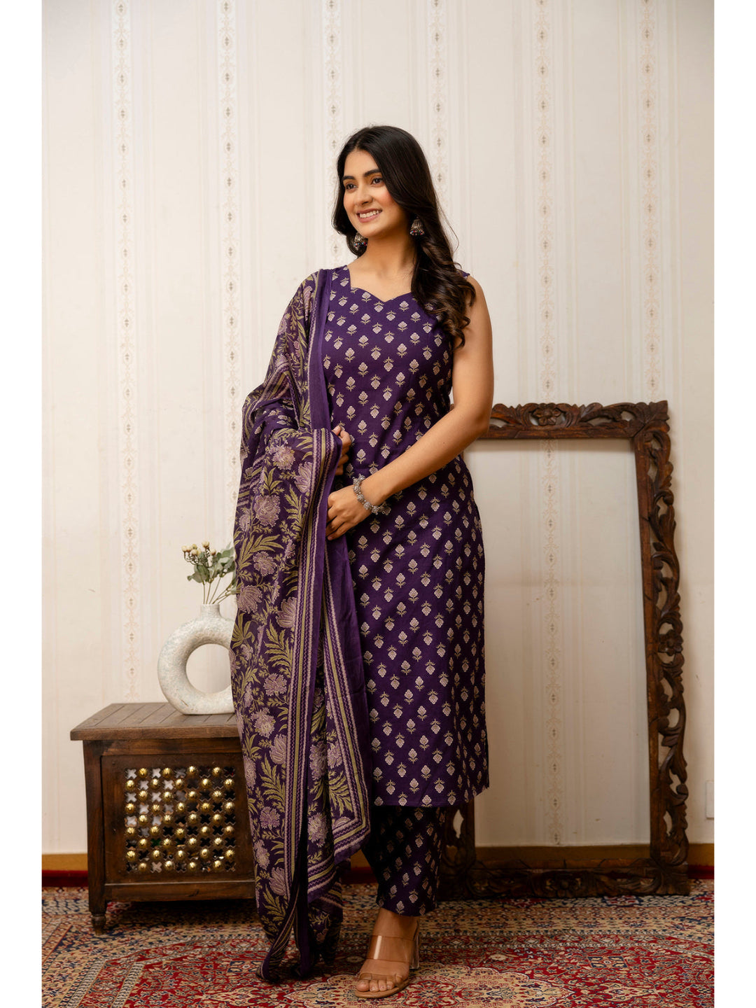 Purple Printed Straight Kurta &amp; Trouser With Dupatta