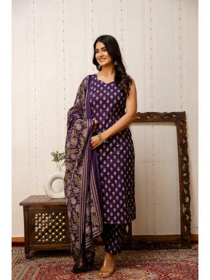 Purple Printed Straight Kurta & Trouser With Dupatta