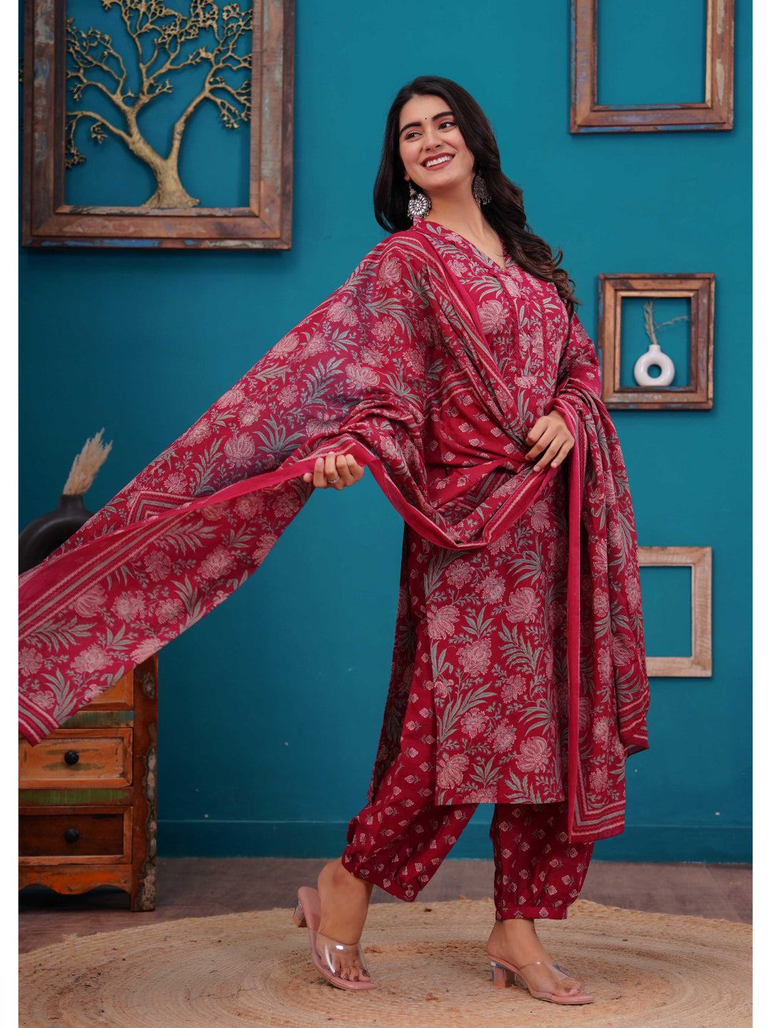 Pink Printed Straight Kurta Set With Dupatta
