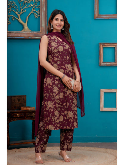 Burgundy Printed Straight Kurta Set With Dupatta