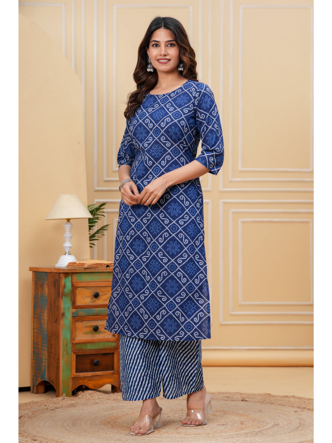Blue Printed Straight Kurta With Palazzo