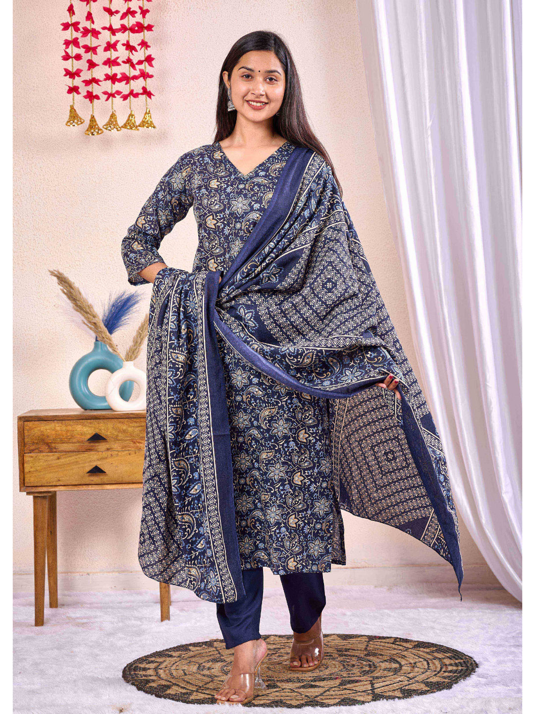 Navy Blue Printed Straight Kurta Set With Dupatta