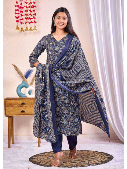 Navy Blue Printed Straight Kurta Set With Dupatta