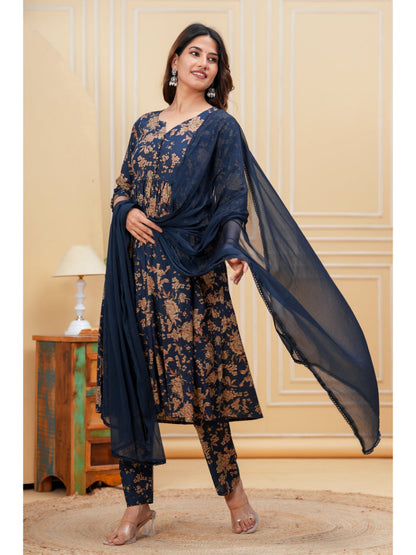Navy Blue Printed Anarkali Kurta Set With Dupatta
