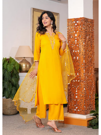 Yellow Embroidered Straight Kurta With Palazzo And Dupatta