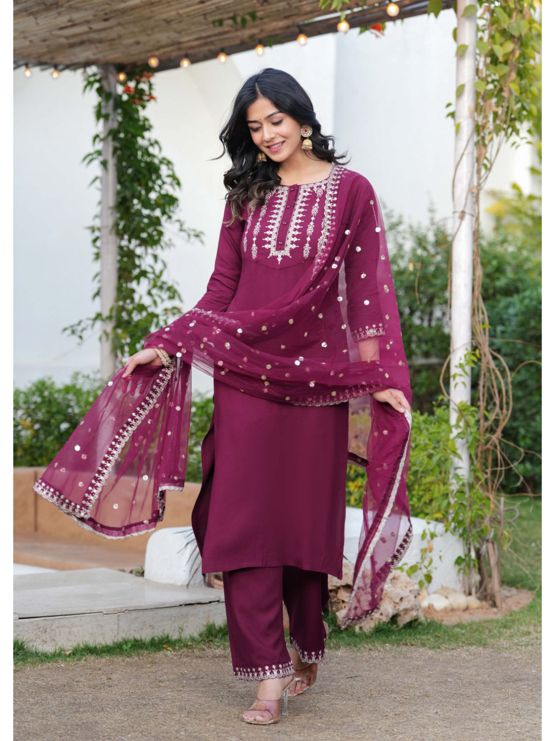 Burgundy Embroidered Straight Kurta With Palazzo And Dupatta
