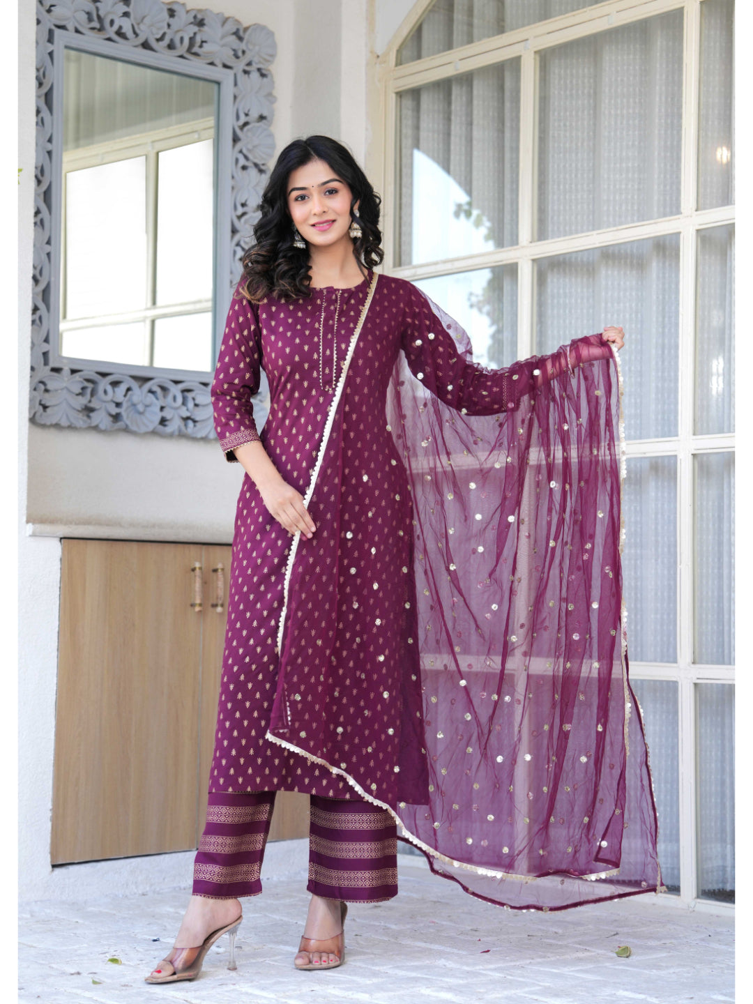 Burgundy Gold Printed Straight Kurta Set With Net Dupatta