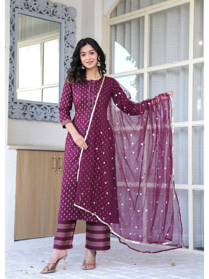 Burgundy Gold Printed Straight Kurta Set With Net Dupatta