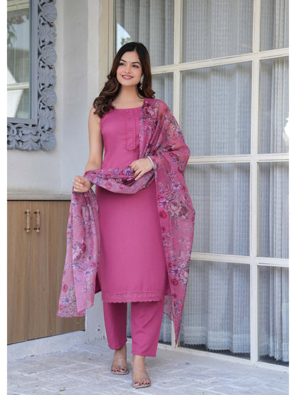 Mauve Solid Straight Kurta Set With Printed Dupatta