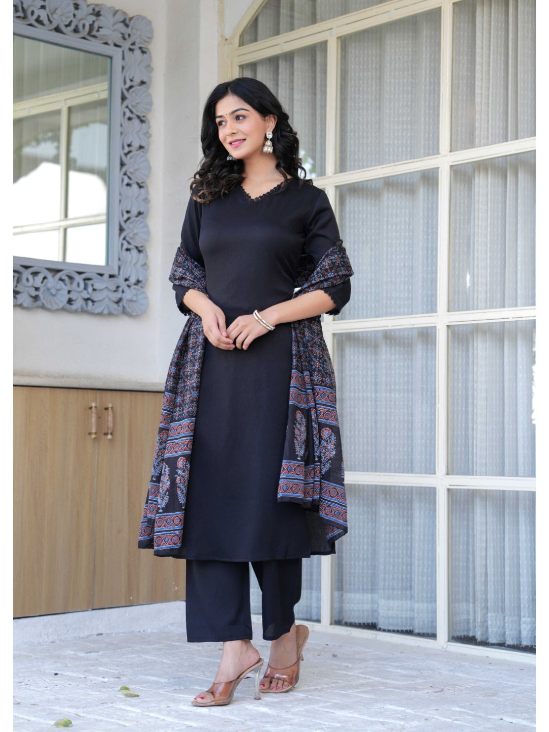 Black Straight Kurta Set With Printed Dupatta