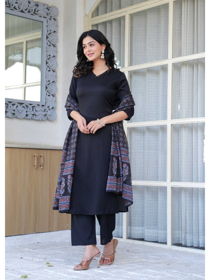 Black Straight Kurta Set With Printed Dupatta