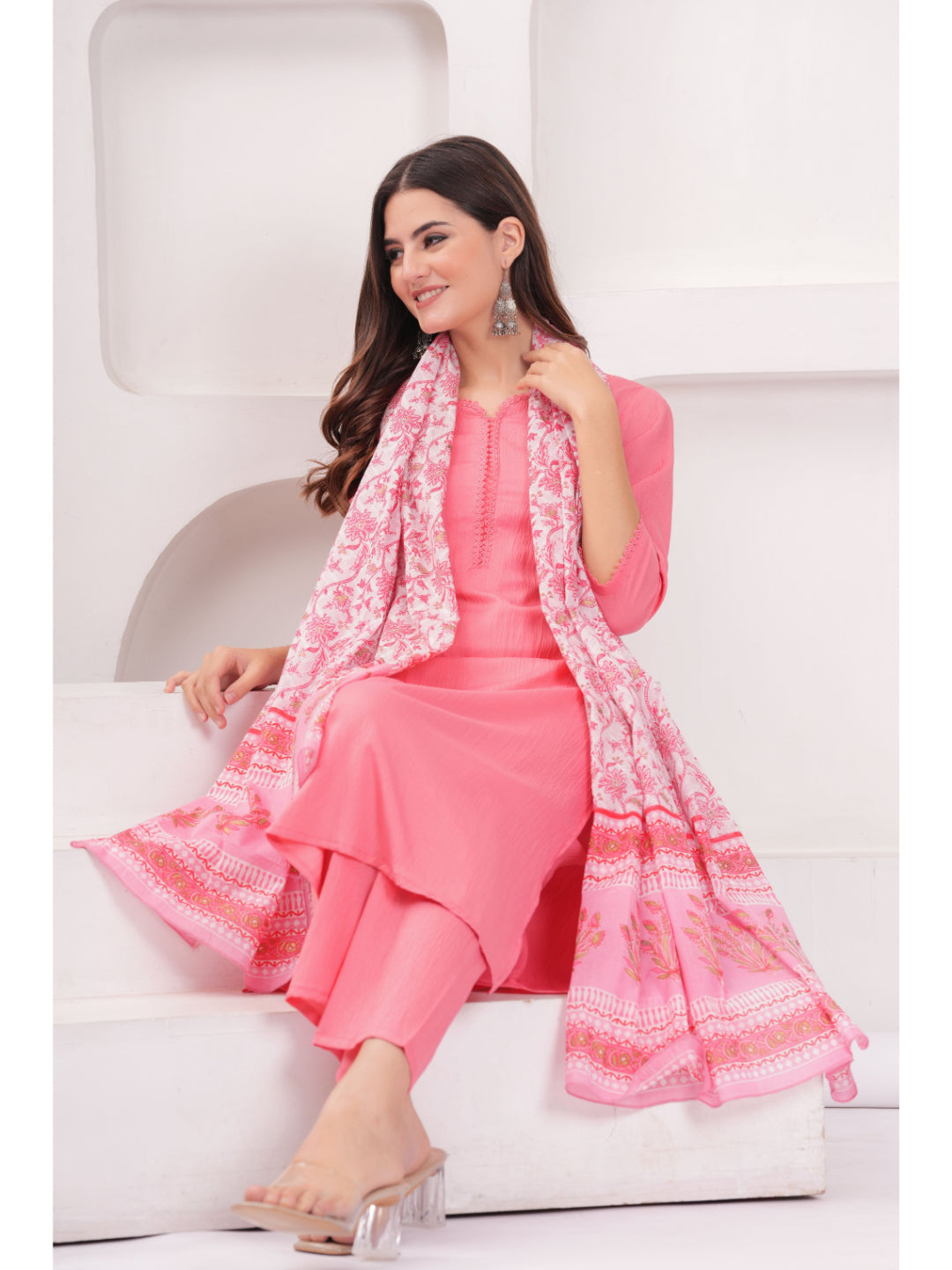 Pink Solid Kurta Set With Printed Dupatta