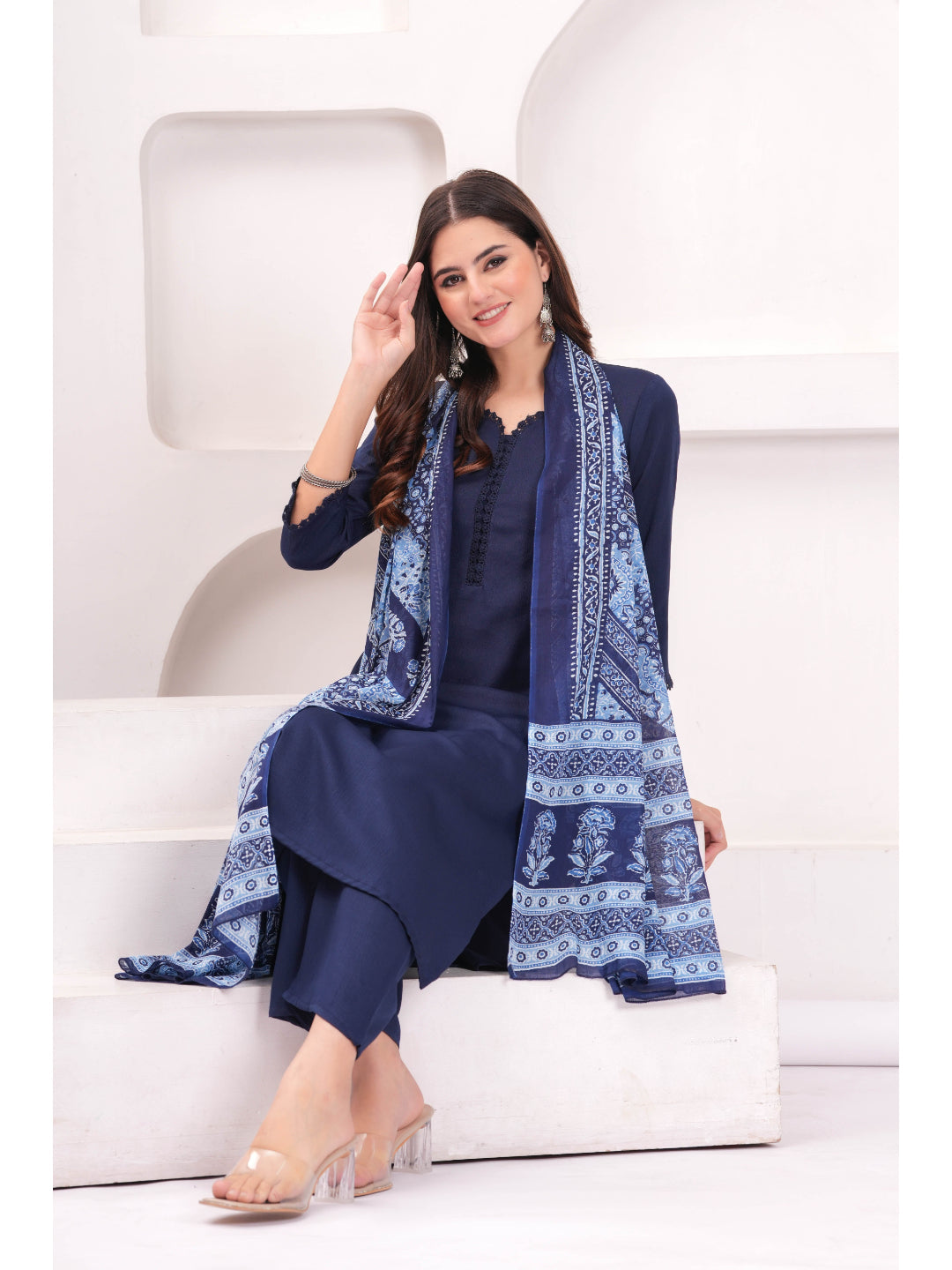Navy Blue Solid Kurta Set With Printed Dupatta