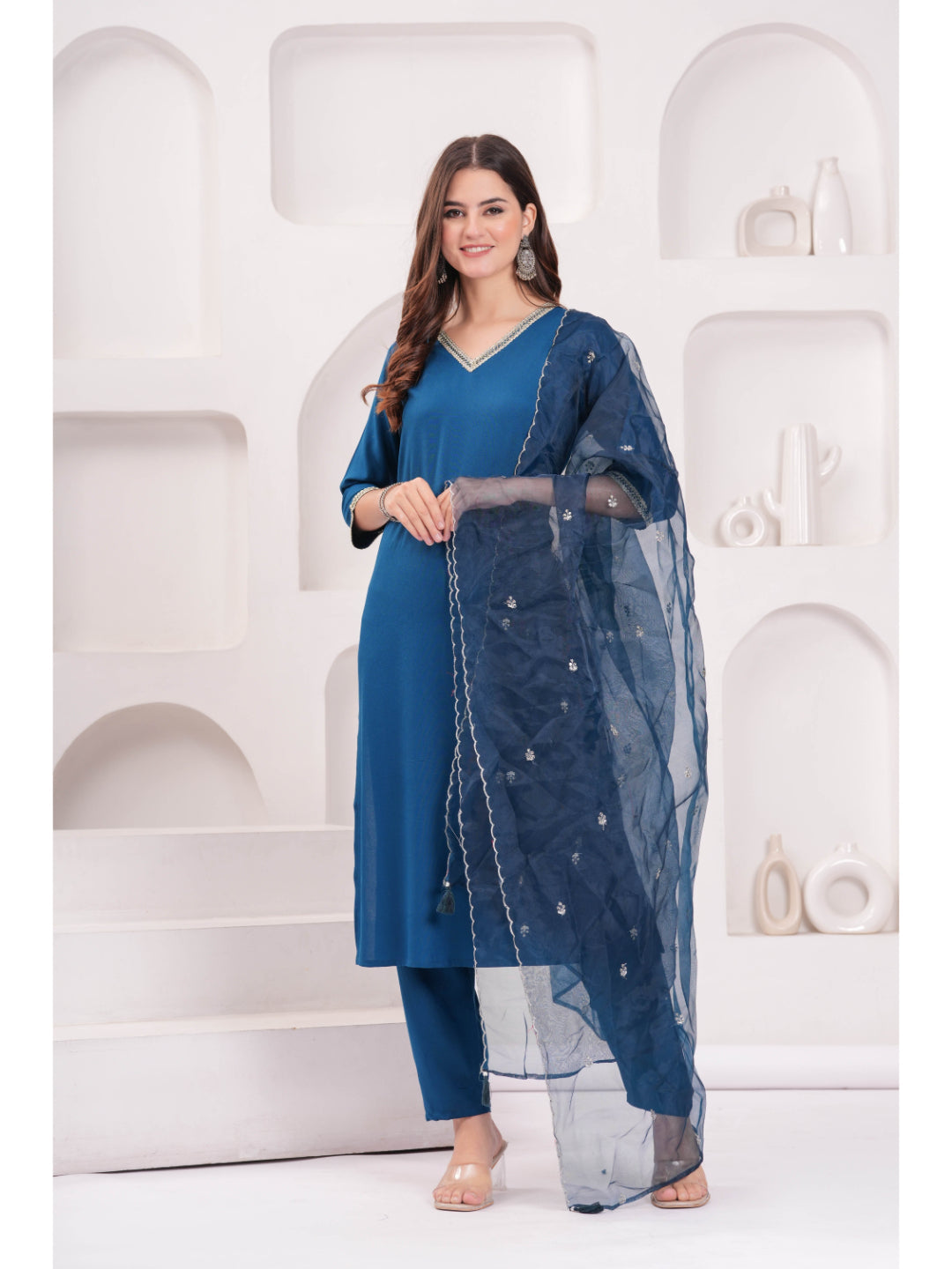 Teal Blue Solid Straight Kurta Set With Organza Dupatta