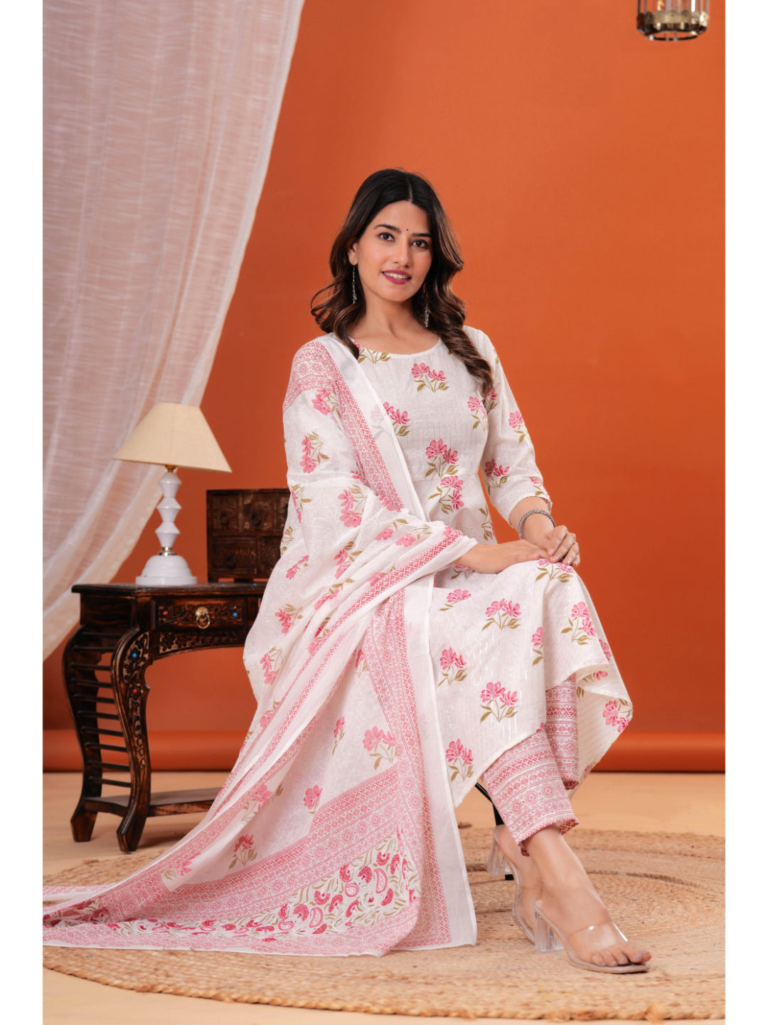 White Printed Anarkali Kurta Set With Dupatta