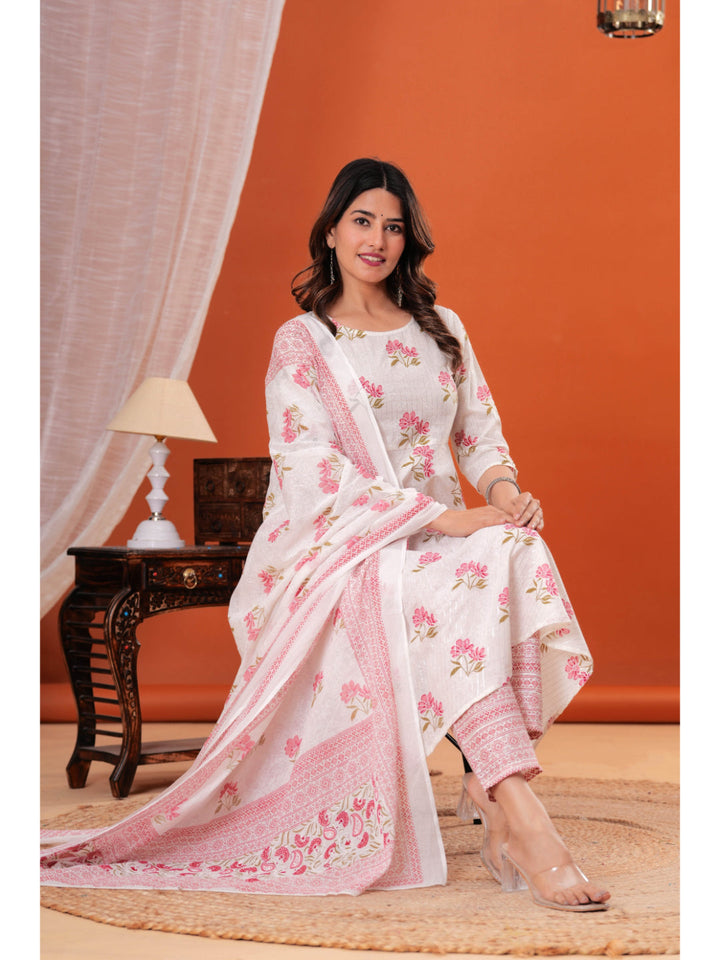 White Printed Anarkali Kurta Set With Dupatta