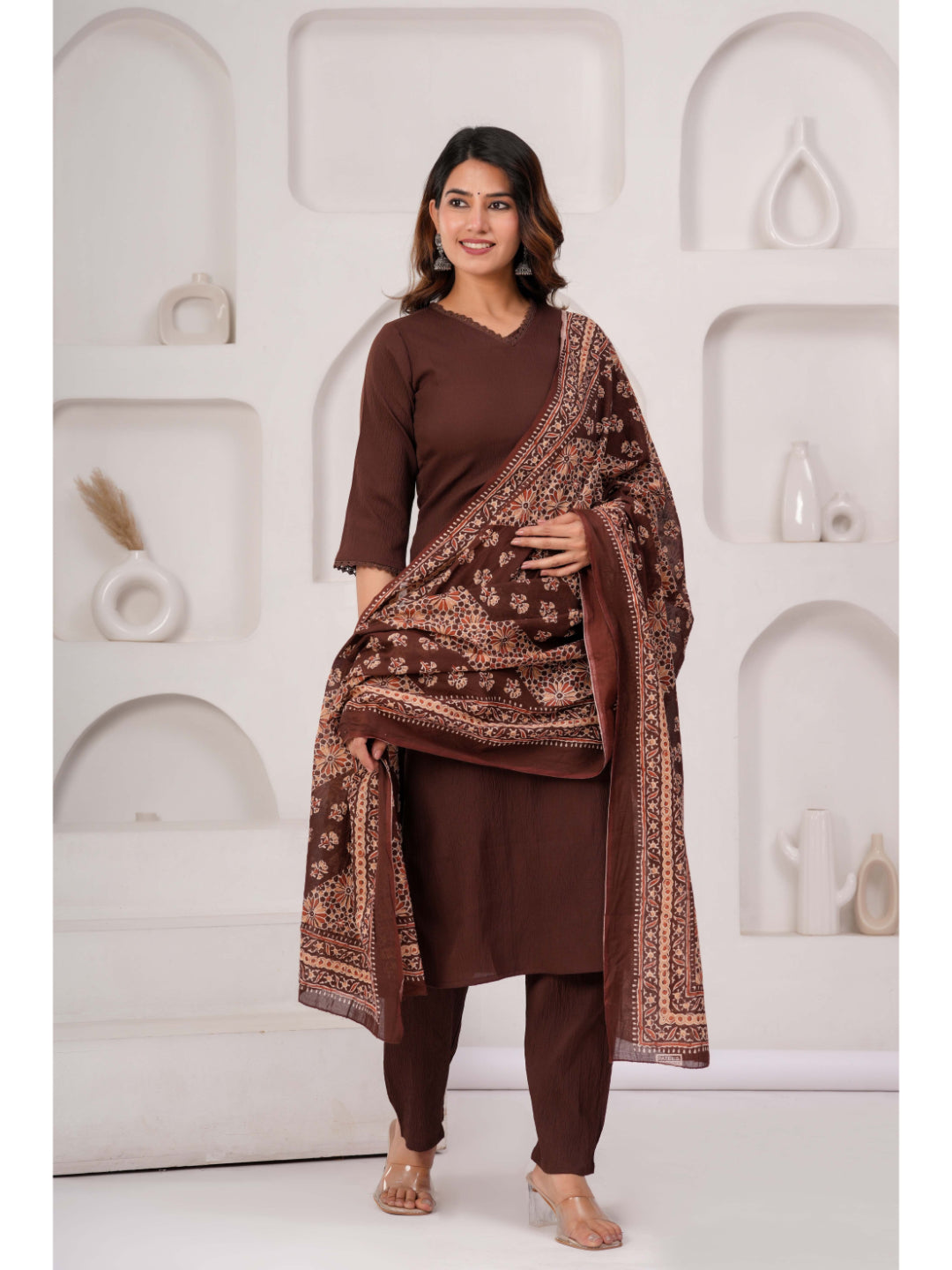 Brown Solid Kurta Set With Printed Dupatta