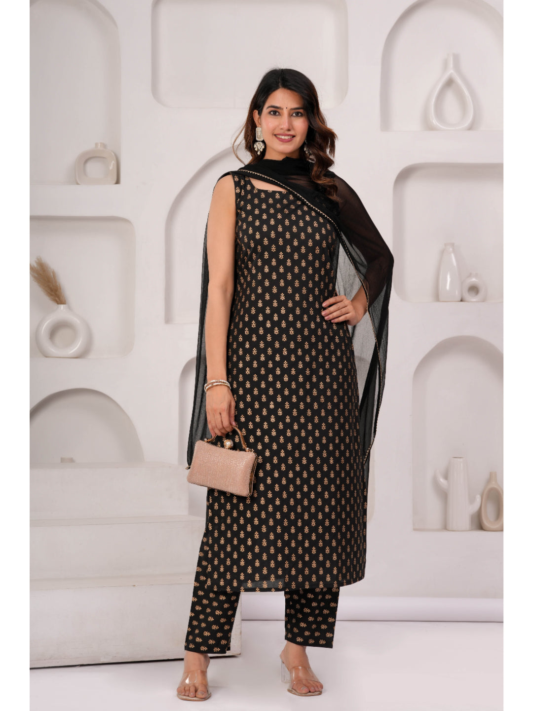 Black Printed Kurta Set With Solid Dupatta