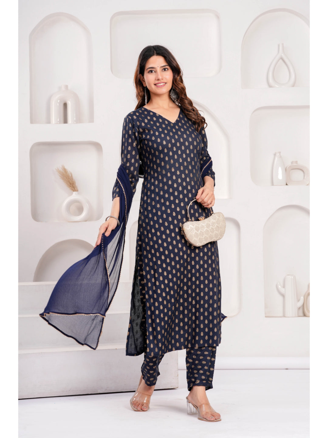 Navy Blue Printed Kurta Set With Solid Dupatta
