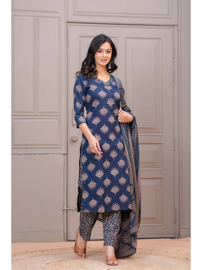 Navy Blue Printed Straight Kurta Set With Dupatta